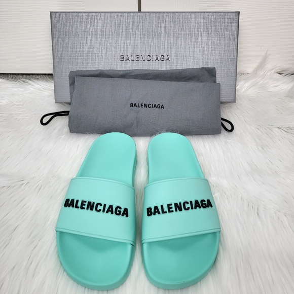 NIB BALENCIAGA Mint and Black Pool Slide Sandal Slippers Size 37 - Picture 3 of 8